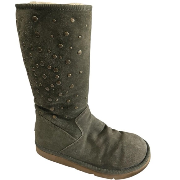 Ugg Rock Star Womens Studded Olive Green Suede Shearling Knee High Boots Sz 8 - Picture 1 of 13